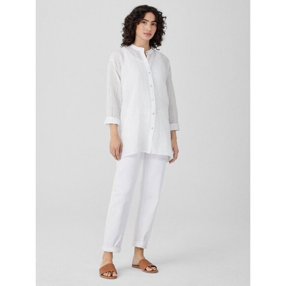 Eileen Fisher Linen Cotton Sheer Check Mandarin Collar Shirt Waffle Minimalist - Picture 1 of 9
